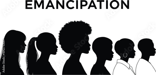Women silhouettes with diverse hairstyles, emancipation theme illustration, empowerment and identity concept, black and white cultural unity graphic, flat vector