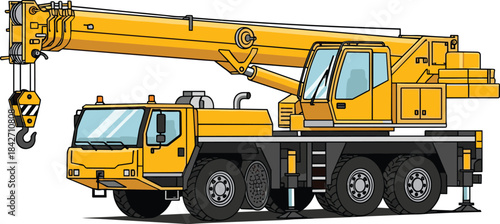 Yellow mobile crane truck with extended boom, construction equipment illustration, heavy lifting machinery concept, multi-axle vehicle diagram, flat vector