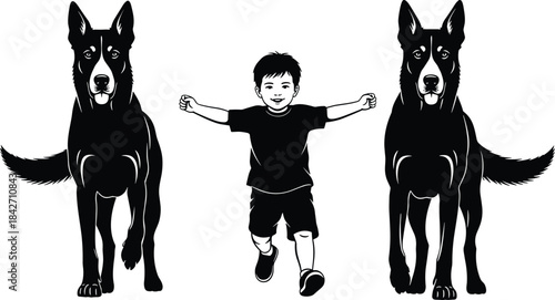 Child running with two dogs, joyful motion scene, black and white silhouette illustration, friendship and protection concept, playful energy, flat vector