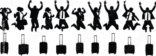 Business people jumping with luggage, travel celebration concept, corporate retreat excitement, silhouette teamwork illustration, black and white flat vector