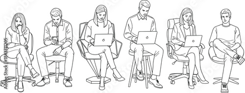 Line drawing of diverse people sitting on chairs using laptops and phones line art