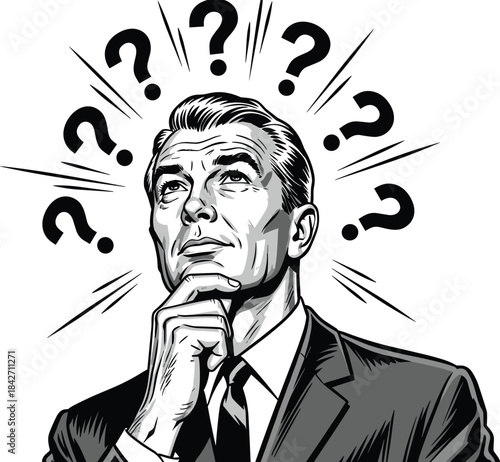 Man in suit thinking with question marks around his head in comic book style confusion