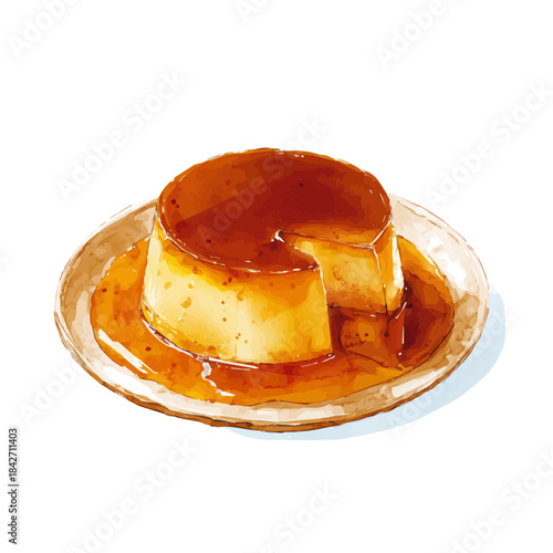 Isometric watercolor rendering of Caramel Flan, isolated on a clean white background.