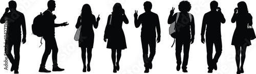 Silhouettes of diverse people walking and using phones with backpacks and bags women