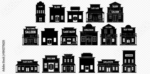 Set of black silhouettes of various old western town buildings including saloons and shops.