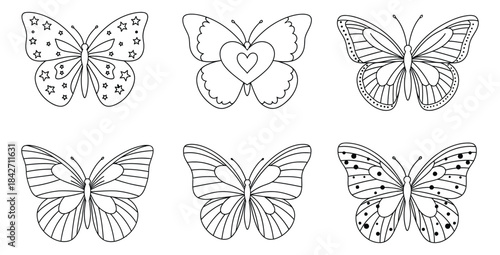 Six distinct black and white butterfly outlines perfect for coloring pages or simple tattoo designs