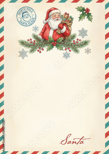 Vintage Santa Claus letterhead with airmail border, holly decorations and Santa holding gifts
