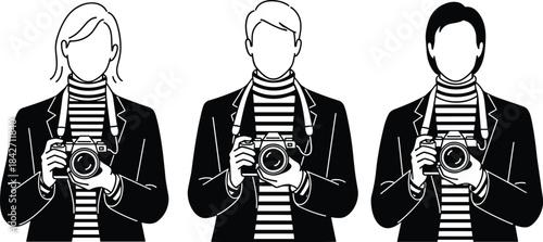 Three people in black jackets and striped turtlenecks holding cameras illustration