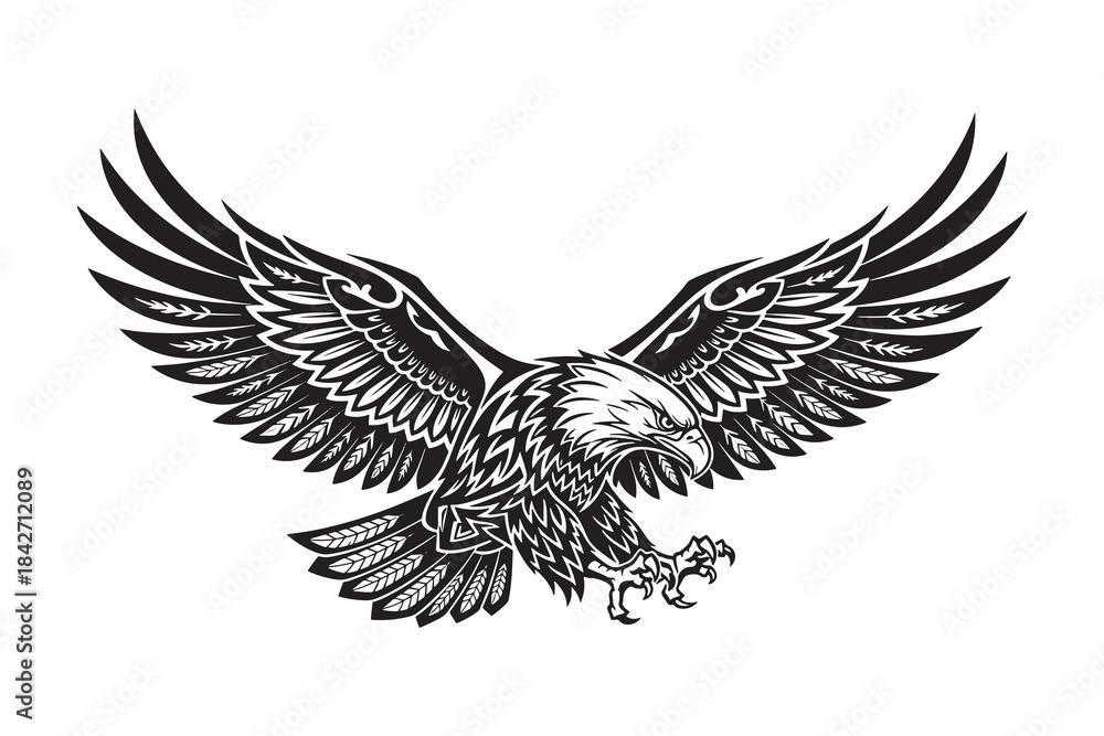 Obraz premium Majestic bald eagle with wings spread, captured in a powerful black and white tribal art style
