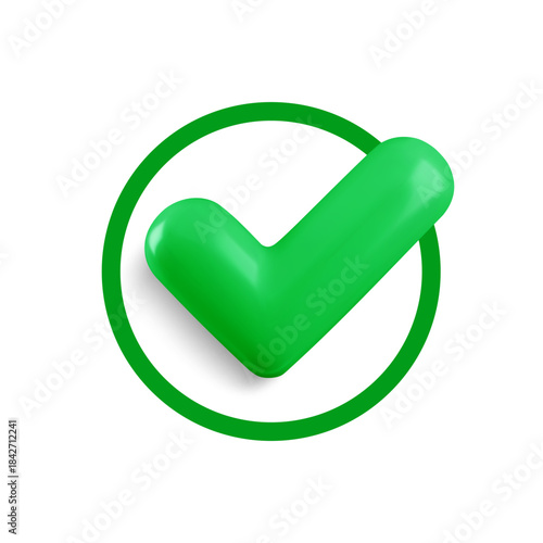 Vector realistic 3d Check mark in flat circle icon. Trendy plastic green checkmark, select circle icon on white background. Green round yes button. 3d render tick sign for web, app, design, game