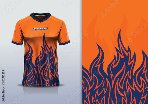 T-shirt mockup abstract fire flame sport jersey design for football, soccer, racing, esports, running, in orange blue navy color