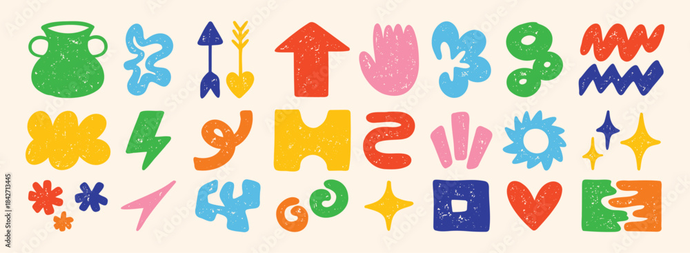 Obraz premium Cute abstract doodle shapes. Set of various modern kids hand drawn stars, hearts, clouds, flowers stickers. Retro comic figure