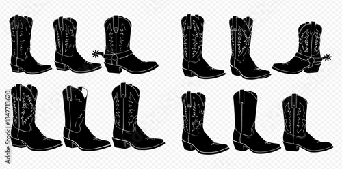 Collection of various cowboy boots in black silhouette, including designs with spurs, isolated on a transparent background.
