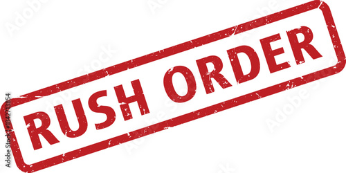 Red Rush Order Rubber Stamp with Distressed Texture on White Background, Indicating Urgent Priority