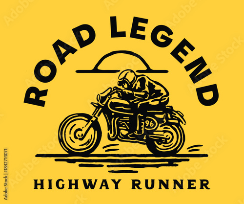 Aggressive motorcycle racer speeding under stylized “Road Legend” arch with highway runner text.