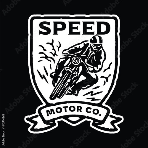 Fast-paced racer leaning on a speeding bike inside a bold shield labeled “Speed Motor Co.”