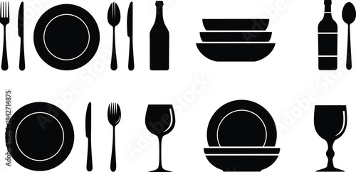 Dining table setting icons with plates glasses and silverware