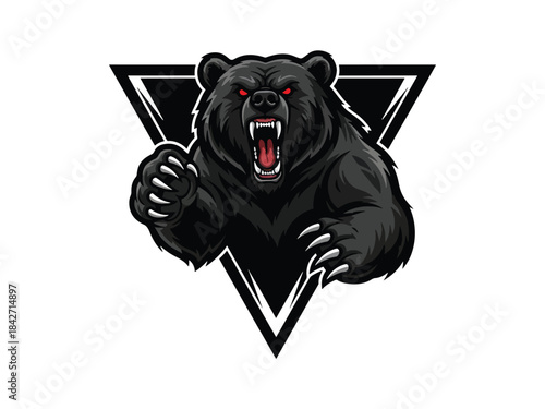Fierce black bear mascot with glowing red eyes and sharp claws emerging from a striking geometric frame