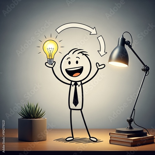 Stick Figure with Light Bulb Idea and Desk Lamp.