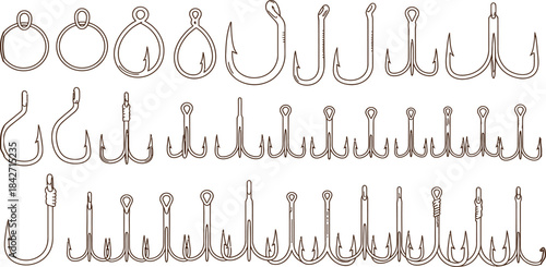 Collection of assorted fish hooks in various sizes and styles for fishing gear