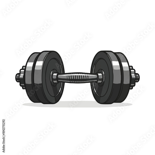 Heavy black dumbbell depicted in a nostalgic flat 2D retro vector illustration, highlighting weight training, strength, and classic fitness equipment isolated on a crisp white background.