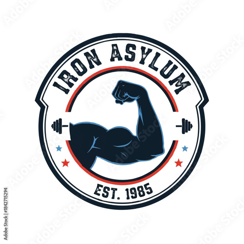 A vibrant flat 2D retro gym badge featuring a powerful muscular arm silhouette symbolizing strength, fitness, and bodybuilding, isolated against a clean white background.