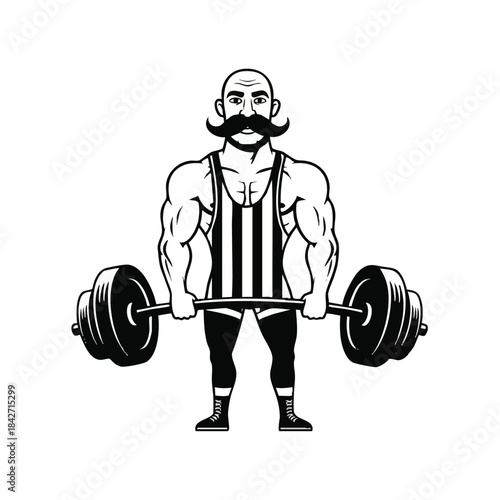 This 2D flat retro vector illustration depicts a powerful strongman silhouette successfully performing a heavy lift with classic circus barbell weights against a clean white backdrop.