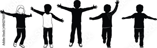 Children standing in expressive pose, group activity illustration, diversity in style, playful unity concept, black and white silhouette, flat vector