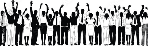 Business team raising arms in celebration, corporate success unity concept, black and white silhouette illustration, professional group energy, flat vector