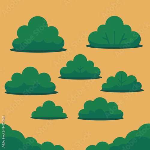 Collection of green flat bushes and shrubs