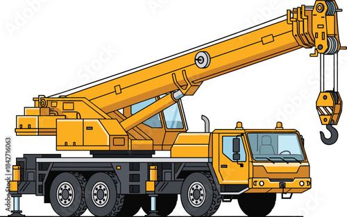 Mobile crane truck with extended boom, construction machinery illustration, detailed engineering view, lifting equipment concept, yellow vehicle diagram, flat vector
