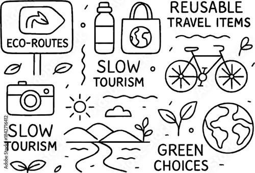 Slow Tourism and Eco Travel Icons – Green Choices, Reusable Items and Nature Routes