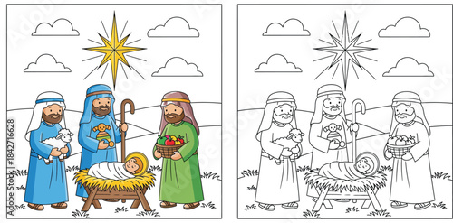 Adorable Nativity Scene with Shepherds and Baby Jesus - Perfect for Christmas Coloring & Crafts