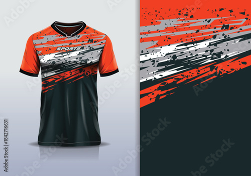 T-shirt mockup with abstract flash grunge sport jersey design for football, soccer, racing, esports, running, in black orange gray color