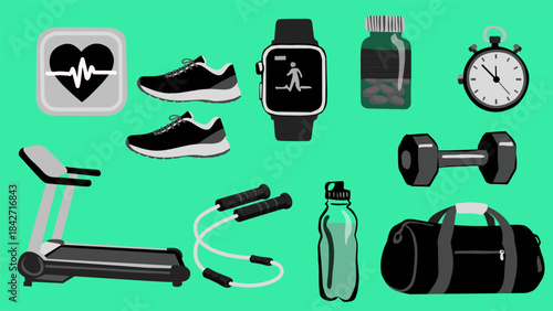 Fitness Equipment Set in Minimal Flat Style for Healthy Lifestyle Themes