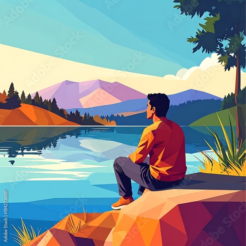 Man sits by a lake with mountains in distance, rendered in polygonal shapes with a low-poly style
