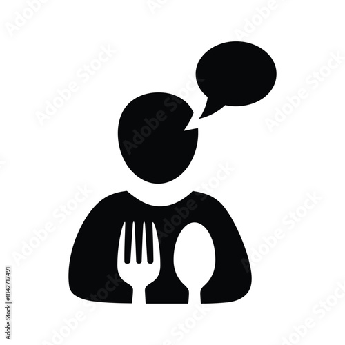 Person holding fork and spoon with speech bubble