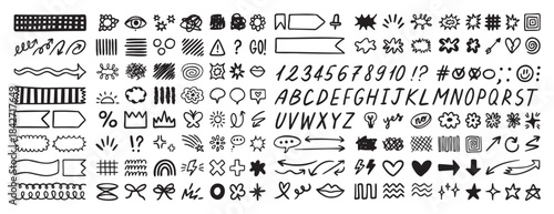 Scribble doodle elements set, paint underline children marker scratch, vector pen squiggle kit collection. Kids hand drawn abstract sketch, alphabet, texture, icons, heart.