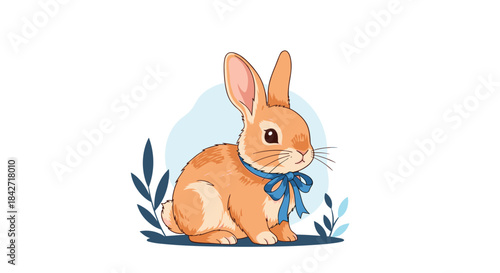 Cute orange bunny with a blue bow sits among spring foliage.