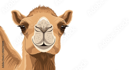 This adorable camel face captures a serene desert moment with its gentle expression and detailed features.