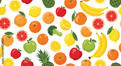 A colorful and vibrant collection of fresh fruits and vegetables presented in a delightful pattern.