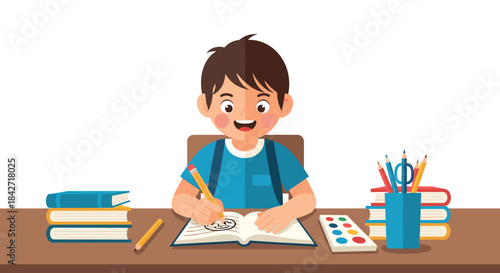 A young boy happily engaged in drawing and painting at his desk with art supplies and books.