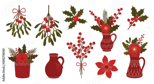 A collection of festive winter holiday floral arrangements and decor elements featuring red berries holly and mistletoe.