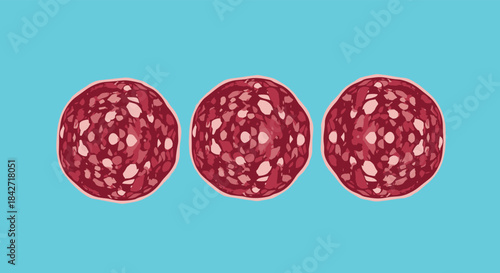 A simple and abstract illustration featuring three round salami slices arranged horizontally on a bright cyan background.