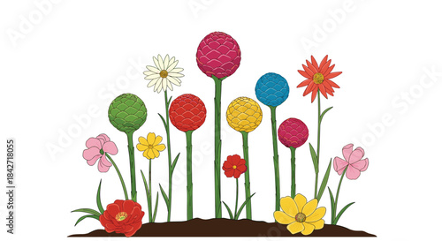 A vibrant garden filled with an assortment of colorful spherical and daisy-like flowers standing tall in the rich soil. The springtime bloom showcases a delightful variety of shapes and hues.