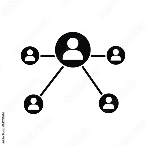 Illustration of a black and white icon of a central person connected to four others in a network or team structure