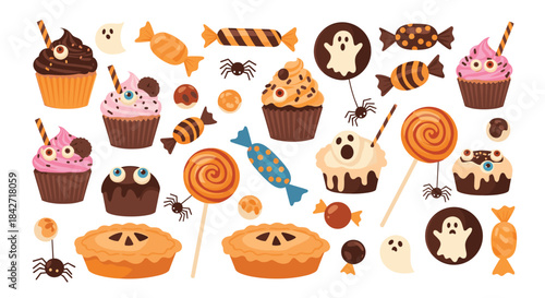 Spooky collection of Halloween treats including decorated cupcakes, ghost lollipops, pumpkin pies, and colorful candies for a party.
