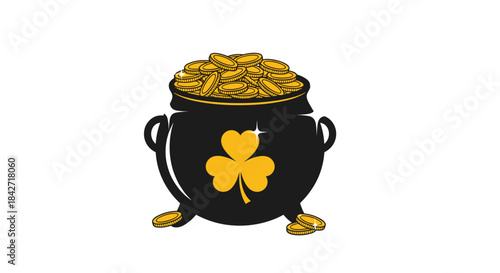 Black cauldron filled to the brim with shiny gold coins and decorated with a large golden shamrock for St. Patrick's Day celebrations.