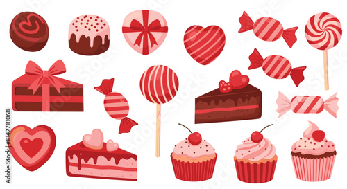 Lovely collection of Valentine's Day sweets including chocolate boxes, heart-shaped candies, cupcakes, and cake slices in red and pink.