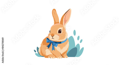 Adorable fluffy brown bunny with big ears and a charming blue ribbon bow sitting peacefully next to stylized foliage on a white background.